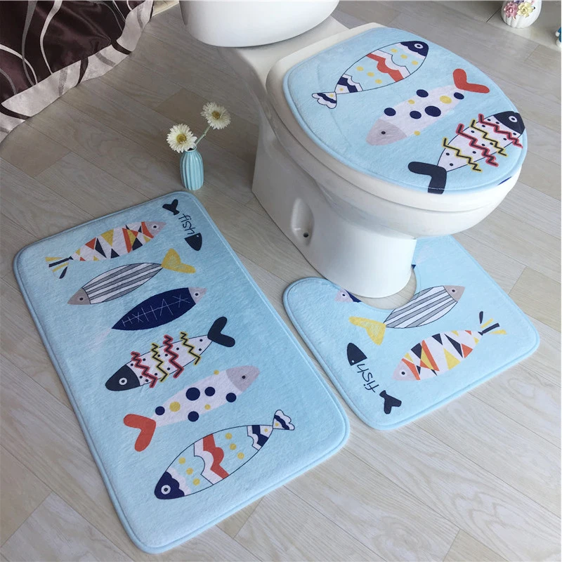 

Toilet Seat Cover Animal Fish Printing Bathroom Mat Set Deer Beach Shell Toilet Cover 3PC Floor Rugs Cushion Toilet Accessories