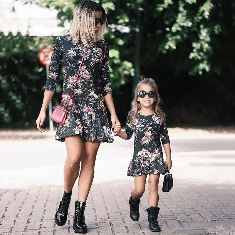 

casual mother daughter dress flower print mommy and me dresses family matching clothes outfits look mom mum and baby girls dress