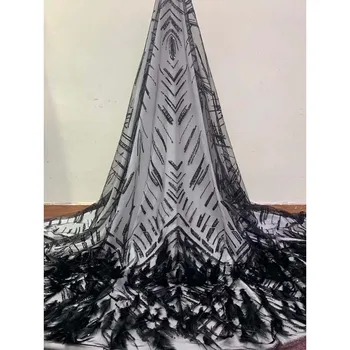 

Beautiful black tulle mesh cloth French net lace fabric with sequins and feather for wedding/party dress HNZ271(5yards/lot)