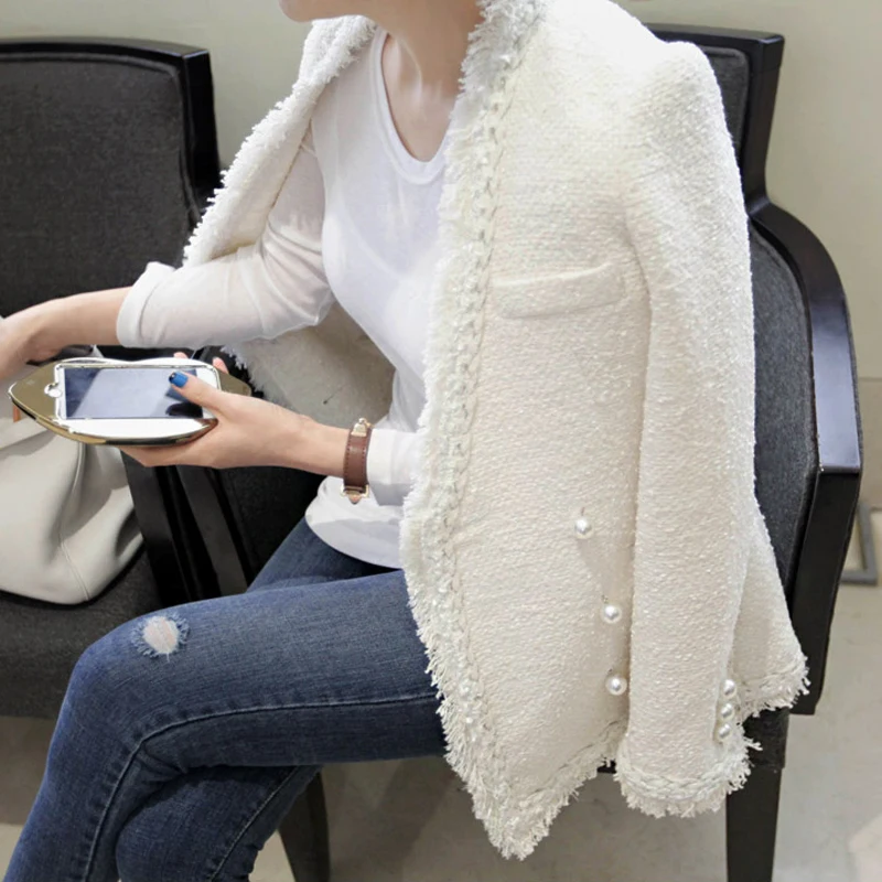 

JSXDHK Autumn Winter Women Tweed Jacket Coat Runway 2018 Designer White Pearl Double-Breasted Tassel Thick Long Sleeve Jacket