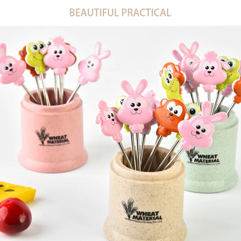 

8pcs Cute Cartoon Stainless Steel Fruit Fork with Silicone Holder Set Snacks Salad Fork Mini Dessert Forks for Kids Home Party