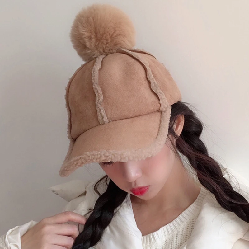 

HT2039 Women Men Baseball Caps Autumn Winter Big Fur Ball Pompon Snapback Caps Warm Fleece Adjustable Baseball Hats for Winter
