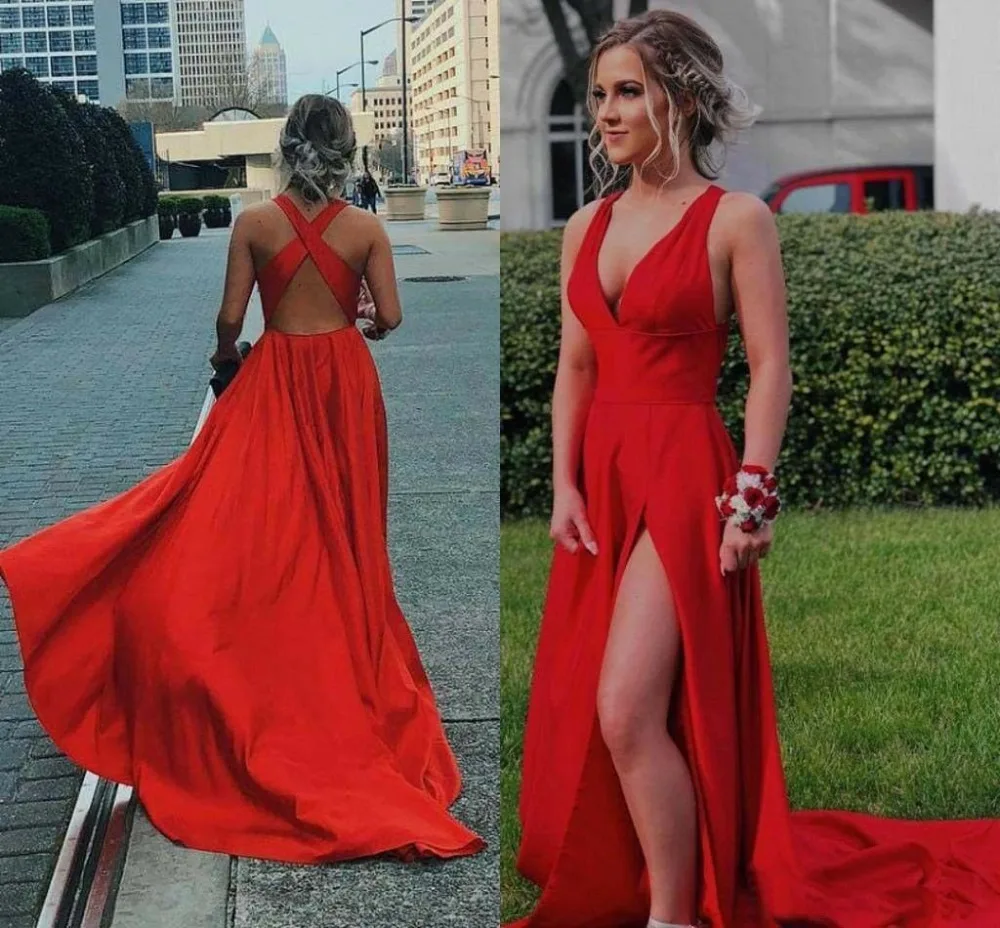 

Sexy Side Split Prom Dresses Deep V Neck Formal Long Satin Evening Party Gowns