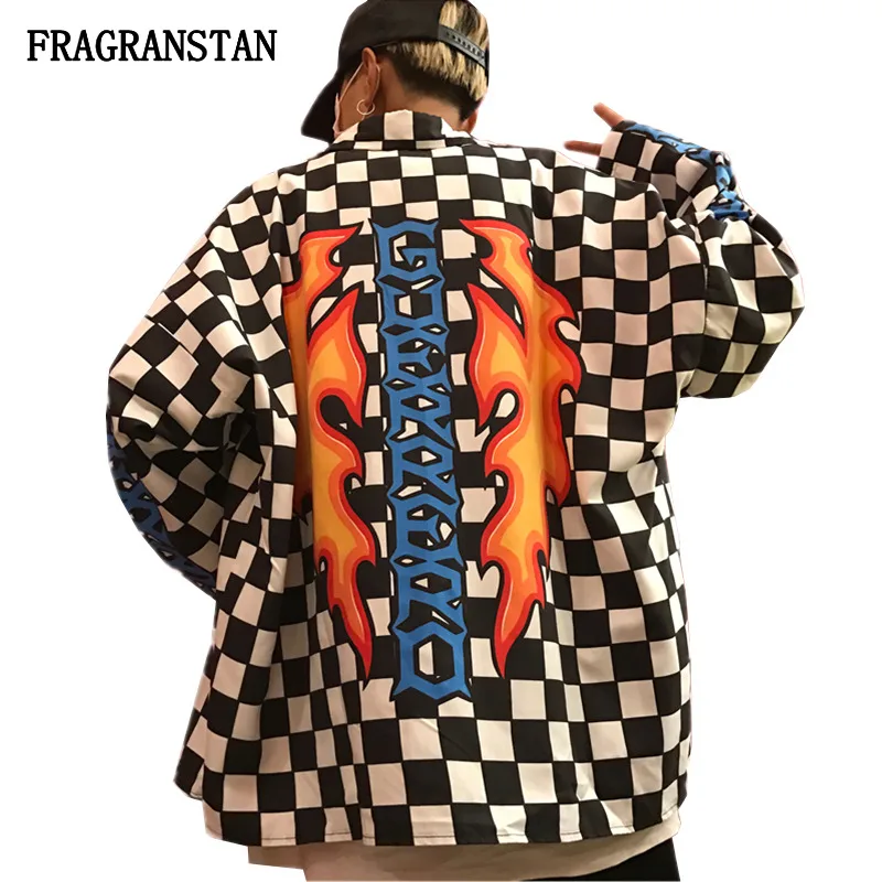 

Ladies Spring Summer Harajuku Turn Down Collar Coat Female Vintage Flame Print Lattice Top Women Loose Street Style Outwear Q169