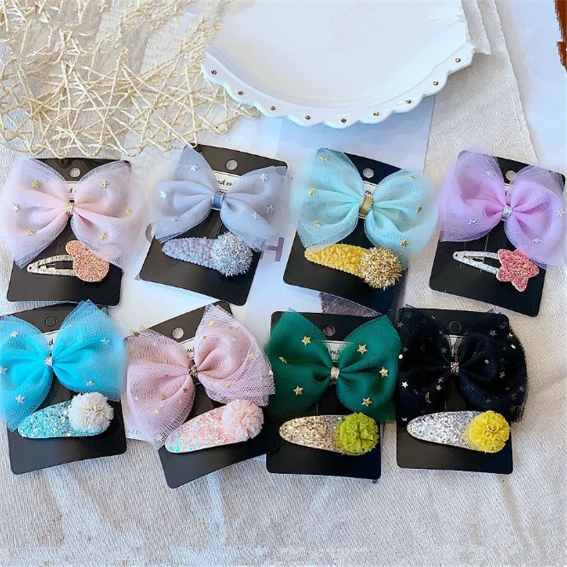 

10set/lot Kids Hair Bows Hair Clip Cute Sparkly Sequins Hairpin Pentagram Star Snow Yarn Barrettes Girls Hair Accessories