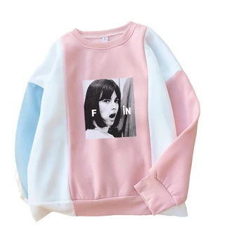

Character Print Sweatshirt Winter Autumn Thicken Hoodies Women Harajuku Sudaderas Mujer Long Sleeve Color Block Raglan Pullovers