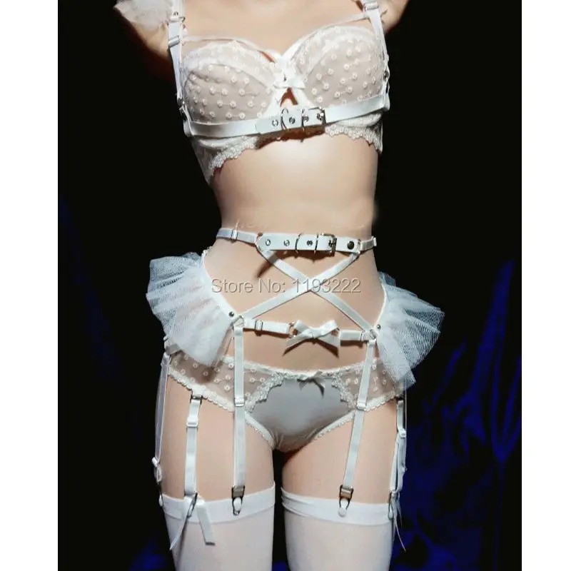 

Cosplay Lolita Kawaii Handmade Sexy Harajuku Leather Elastic Garter Belts Chiffon Mesh Waist Garters Harness for Dress Costume