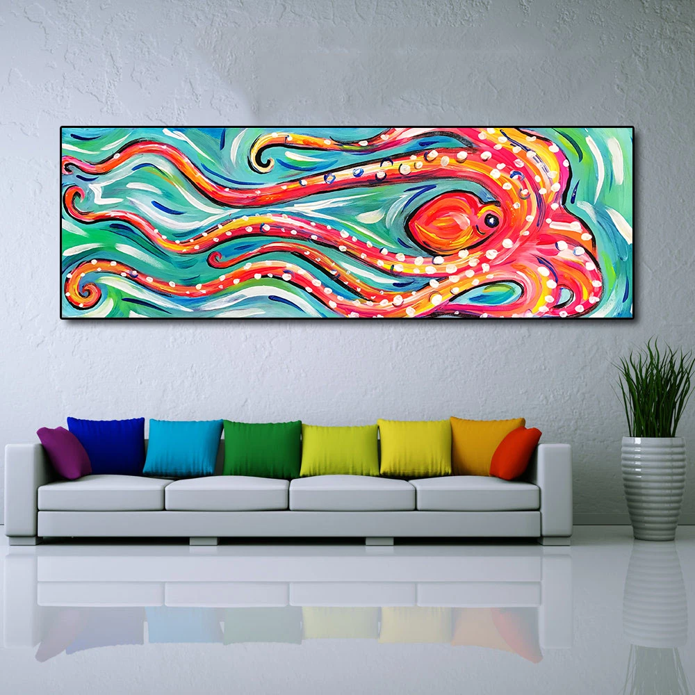 

QKART Canvas Painting Wall Art Animal Oil Painting Colored Octopus Canvas Picture for Living Room Friendship Home Decor No Frame