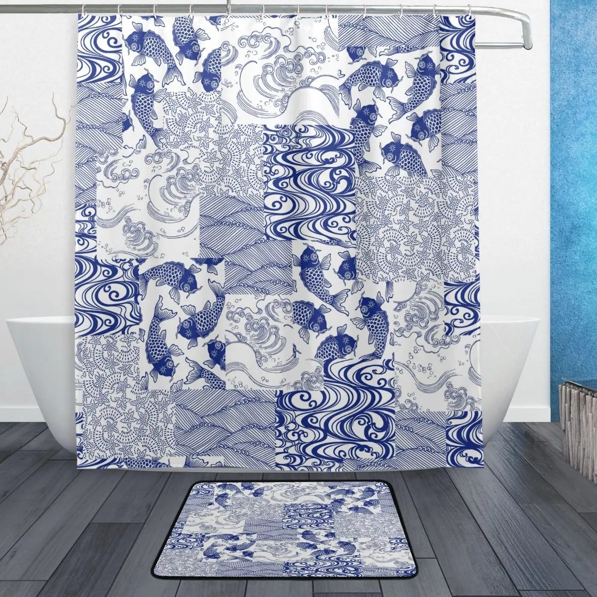 Asian Japanese Shower Curtain and Mat Set, Koi Ethnic Exotic Waterproof