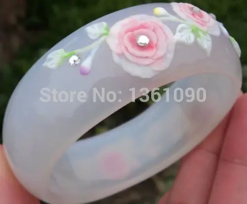 

xd 00446 100% real Hand Carved flowers Natural fluorescence agate jade BANGLE 56- 62MM (A0429)