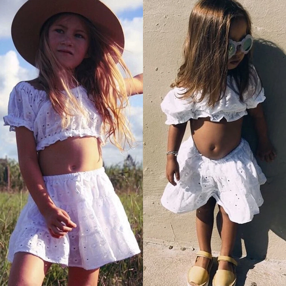 

Newborn Cute Kids Baby Girls New in Fashion Summer Causal Brief Clothes Cotton White Hole Tops Crop Skirt 2PCS Outfits Set