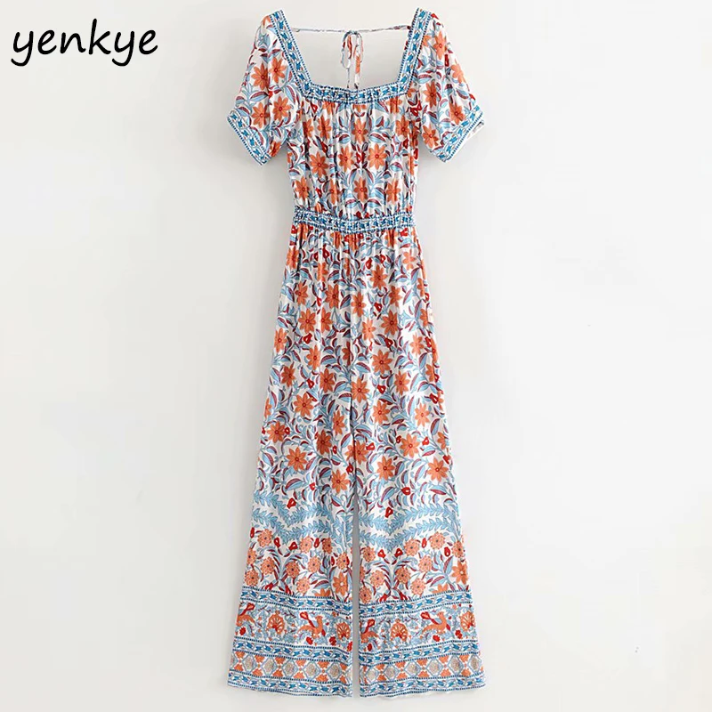 

Vintage Floral Print Holiday Summer Jumpsuit Women Square Neck Short Sleeve With Belt Casual Long Jumpsuits mono mujer