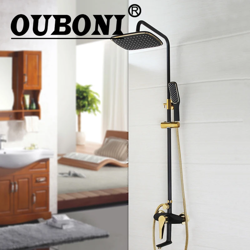 

OUBONI Black Shower Set Gold-plated Wall Mounted Bath Shower Faucet Rotation Shower Head Water Saving High Pressure