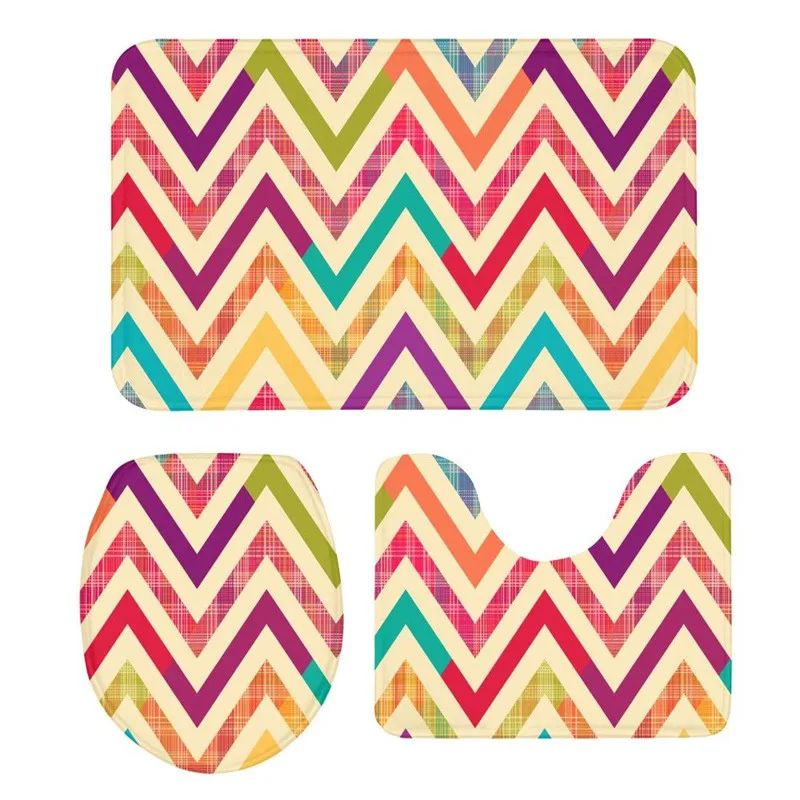 

3Pcs Toilet Seat Cushion Suit Plaid Stripe 3D Printing Carpet Non-Slip Suction Grip Bath Mat Kitchen Washroom Bathroom Doormats