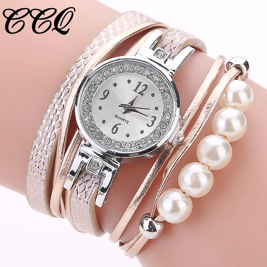 

CCQ Women Fashion Casual Orologio Donna Pearl Bracelet Watch Leather Zegarki Damskie Round Montre Femme 2019 Luxe
