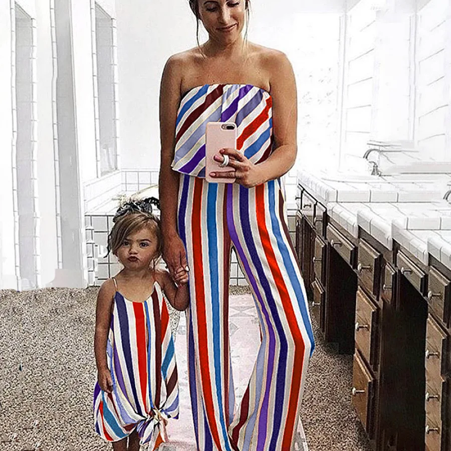 

2019 PPXX Striped Girl Dress Women Jumpsuit Dress Long Wedding Mother Daughter Dresses Family Matching Clothes Family Outfits