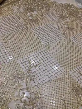 

New Fashion African embroidered mesh lace fabric with glitter French net lace fabric 5yds/pc in gold color for wedding