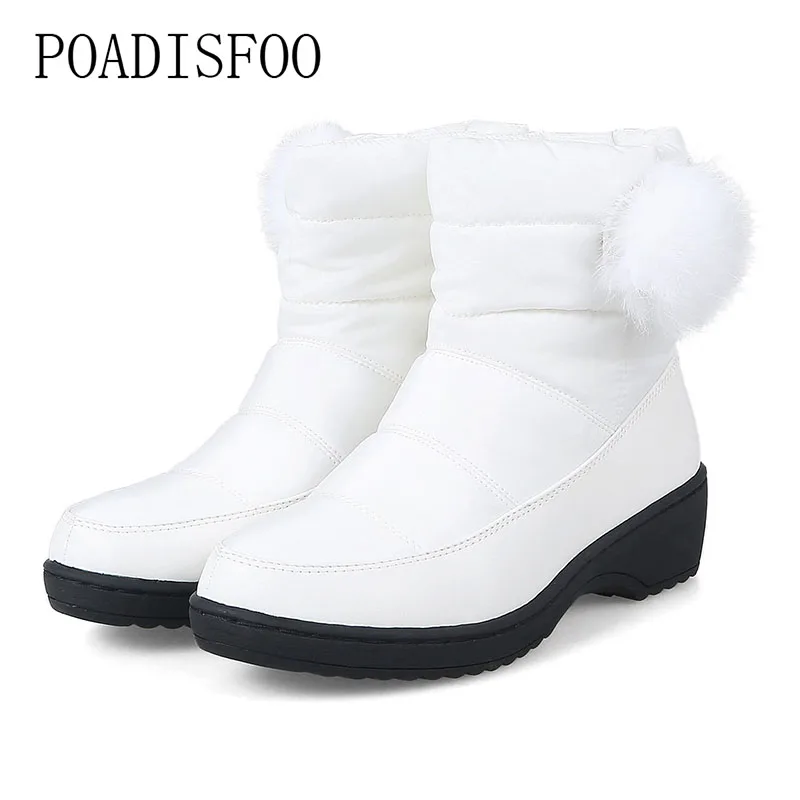 

2018 Women Boots Winter New PU Warm Down Snow Boots Fashion Casual Flat Boots Rabbit Fur Ball Cotton Down Ankle Boots HX-87A