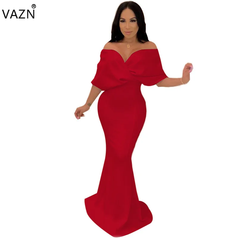 

VAZN 2019 Spring Sexy Fashion Women Solid 4-Colors Long Dress Sexy Lady Slash Neck Short Sleeve Hollow Out Skinny Dress TJM9317