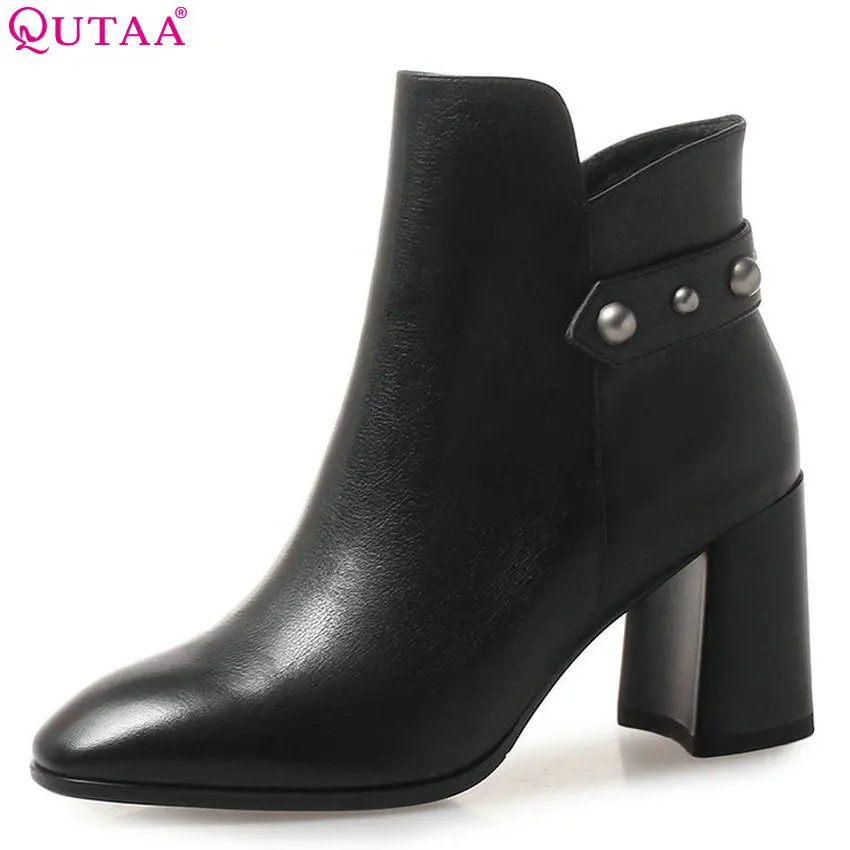 

QUTAA 2019 Women Ankle Boots Winter Shoes Cow Leather+Pu Casual Pointed Toe Black Eleagnt Women Motorcycle Boots Big Size 34-42