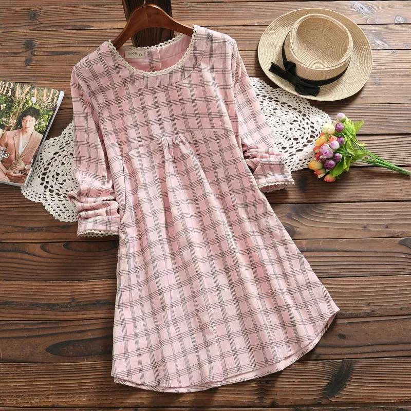 

Spring Autumn Female Dress 2019 New Fashion Women Lace Collar Long-Sleeved Plaid Corduroy Dresses Pink Vestidos S-XL Clothes