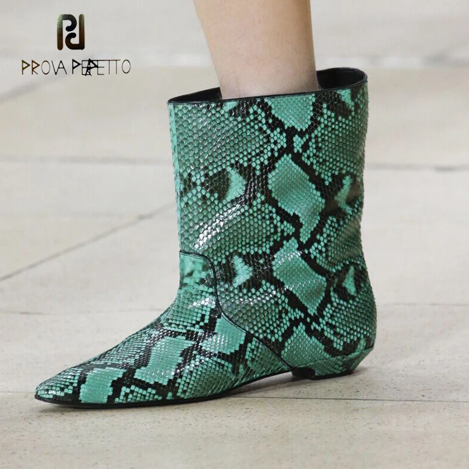 

Prova Perfetto 2018 New pointed toe low heel ankle boots momen fashion print slip on t show martin short boots zapatos de mujer