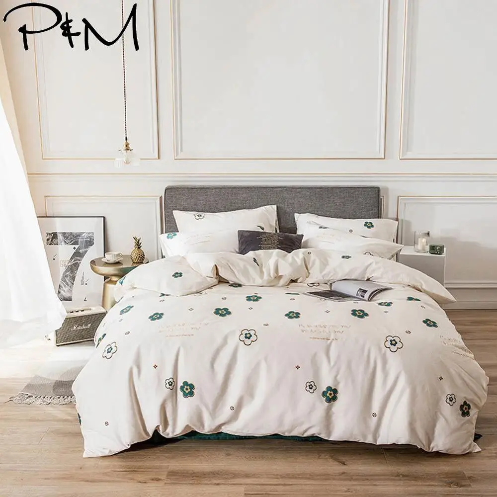 

2019 Green Floral Beige Brief Bedlinens Twin Queen King Size Flat Sheet Fitted Sheet Duvet Cover Set Soft Cotton Bedding Set