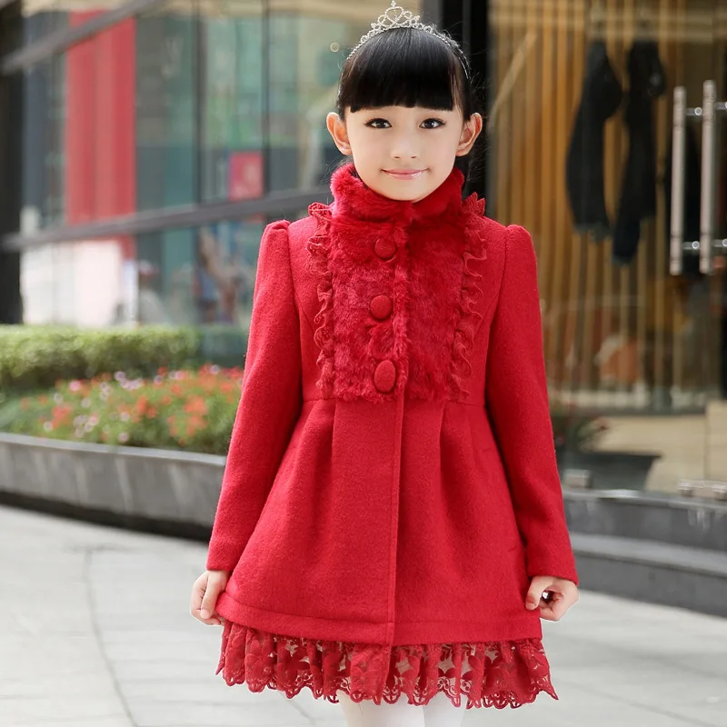 Children age 7-16 selling children stand collar wool coat thickened woollen overcoat freeshipping stand collar ruffle hem quilted coat