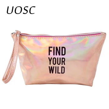 

UOSC Letter Wash Toiletry Cosmetic Bag Women PU Professional Laser Make Up Bag Organizer Travel Waterproof Portable Makeup Case