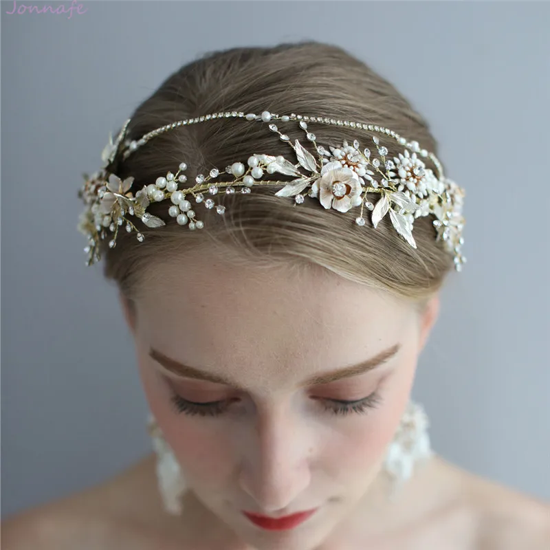 

Jonnafe Bridal Gold Floral Hair Crown Women Tiara Handmade Rhinestone Wedding Accessories Headband Hair Jewelry