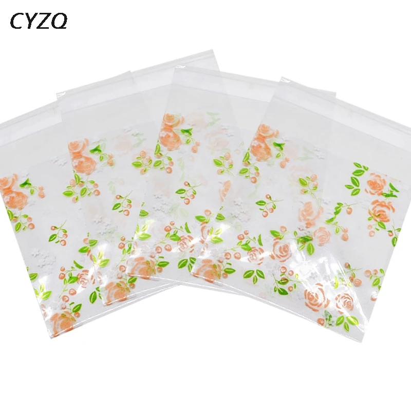 100pcs Plastic Rose Flower Pattern Cookie Package Candy Bag Self-Adhesive S