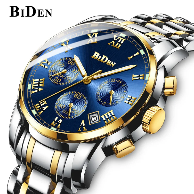 

BIDEN 2019 Top Brand New Luxury Men Chronograph Date Mens Military Sport Men's Clock Steel Strap Business Quartz WristWatch