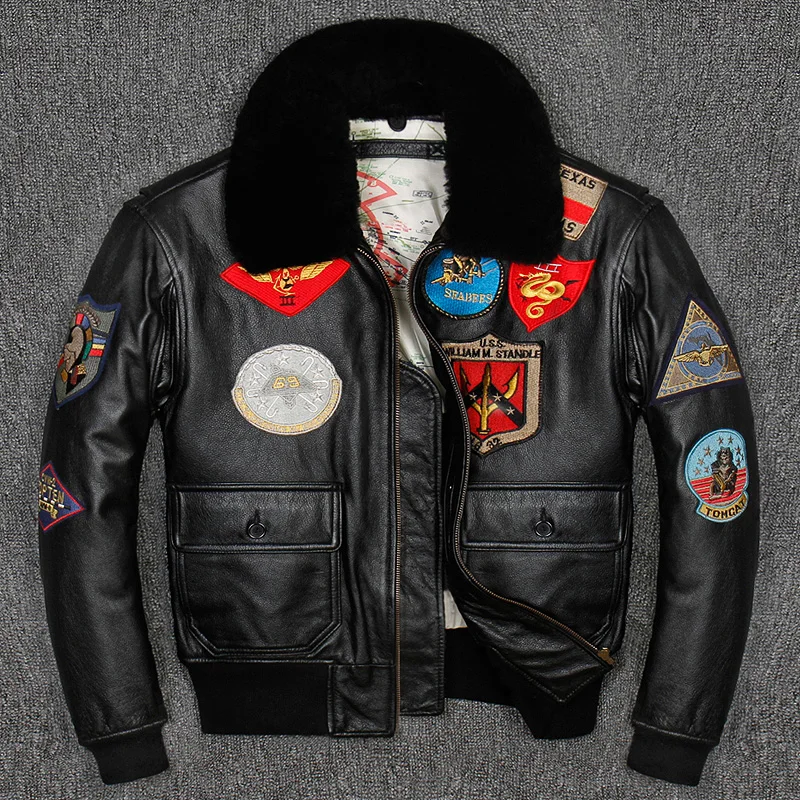 

G1 Men Top Gun Leather Pilot Jacket Plus Size Wool Collar Cowhide American Army Leather Pilot Coat