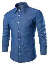 Classic Solid Color Denim Men Shirt 2016 New Cotton Brand-clothing Jeans Shirt Slim Fit Long Sleeve Shirt 2XL B0709