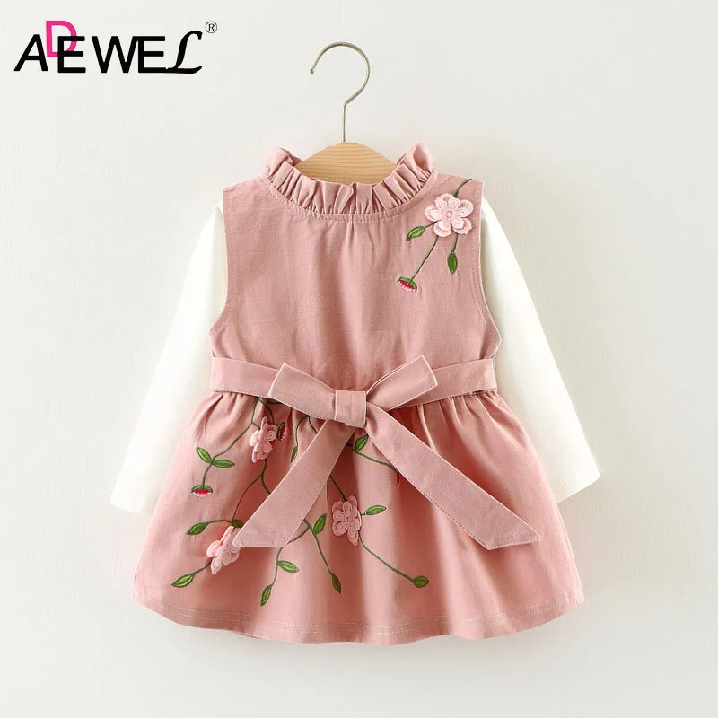 

ADEWEL Babuy Girls Vest Dress + Basic Shirt Two-piece Suit Flower Pattern 2019 Spring Autumn New Infant Girl 1 2 3 Year Clothing