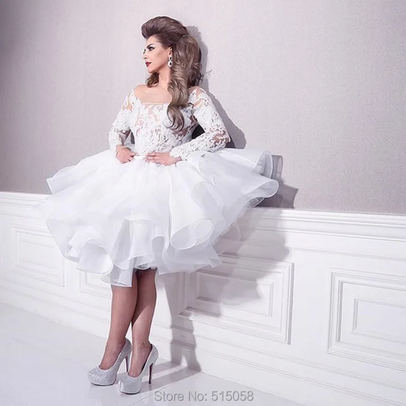 White Lace Long Sleeves Organza Ruffles Short Wedding Dress Ball