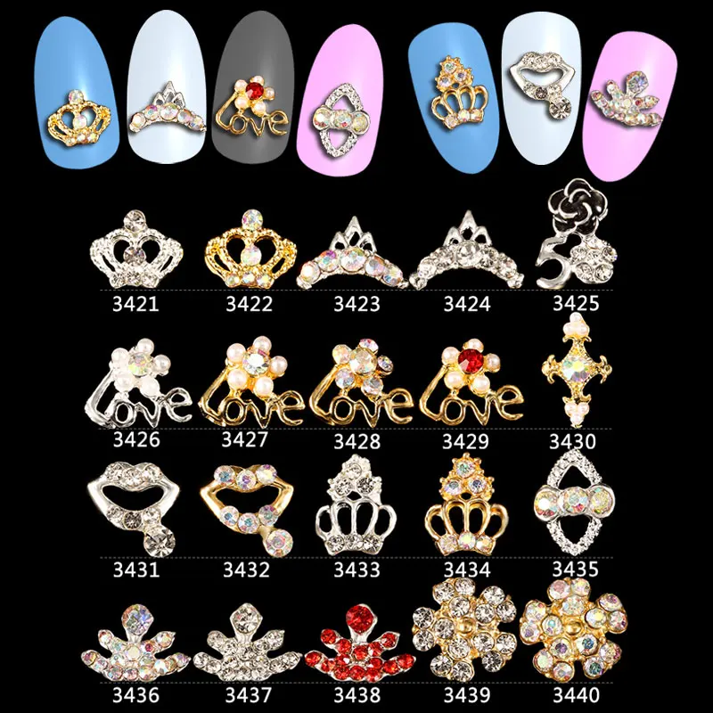 

100PCS 3d alloy nail art decorations gold crown lips charm manicure nail tips rhinestone decoration nail tools ***3421-3440