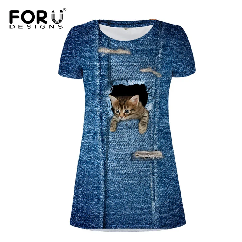 

FORUDESIGNS Summer Women 3d Denim Cat printing dresses girls short sleeves Vintage dress of women mini tunic dresses vestidos XL