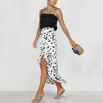 

Women Summer long skirt Sexy High Waist Irregular Wave Point Print Retro Slim Pocket Ruffled Long Section Simple Skirt