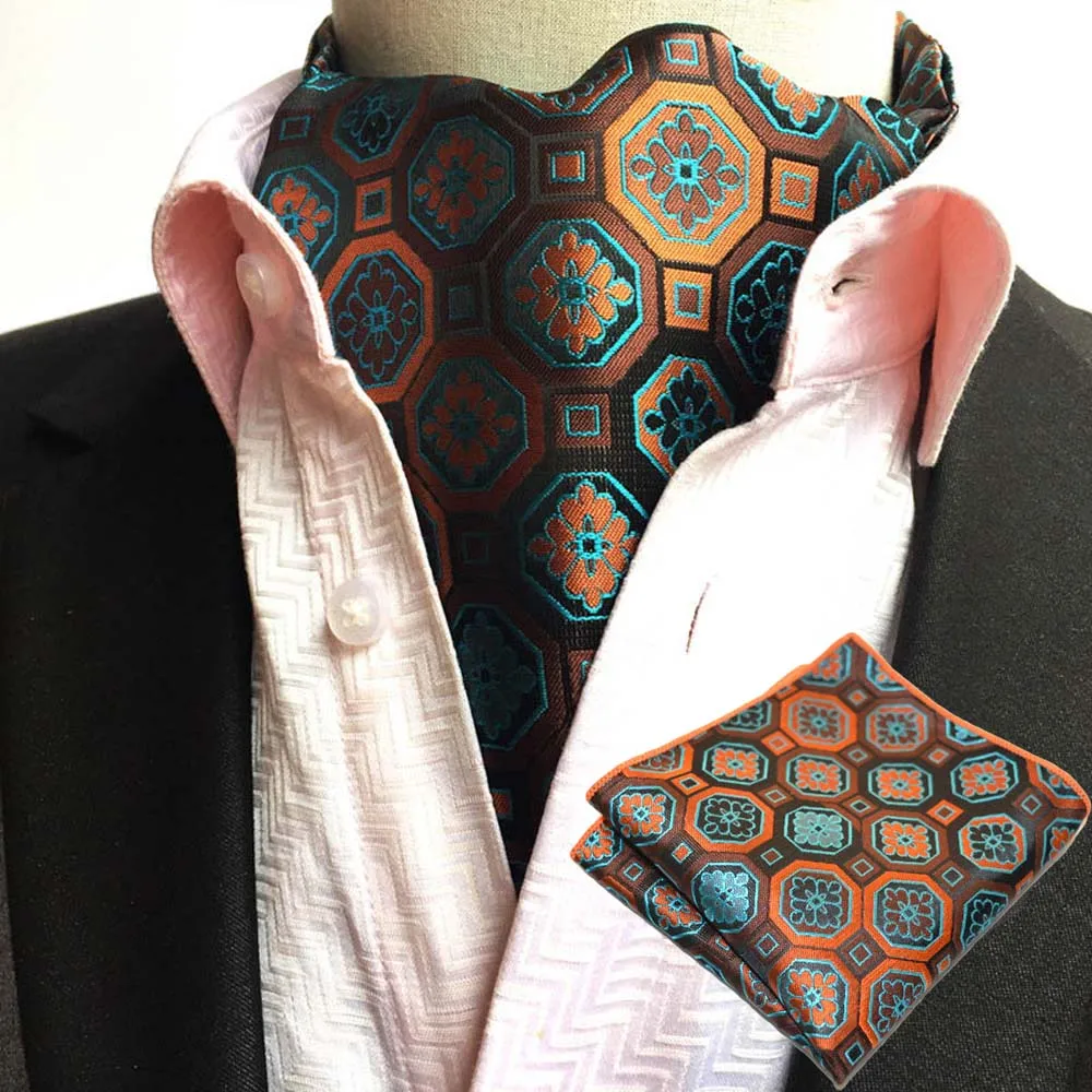  Mens Cravat Handkerchief Geometric Floral Ascot Scarves Pocket Square Set