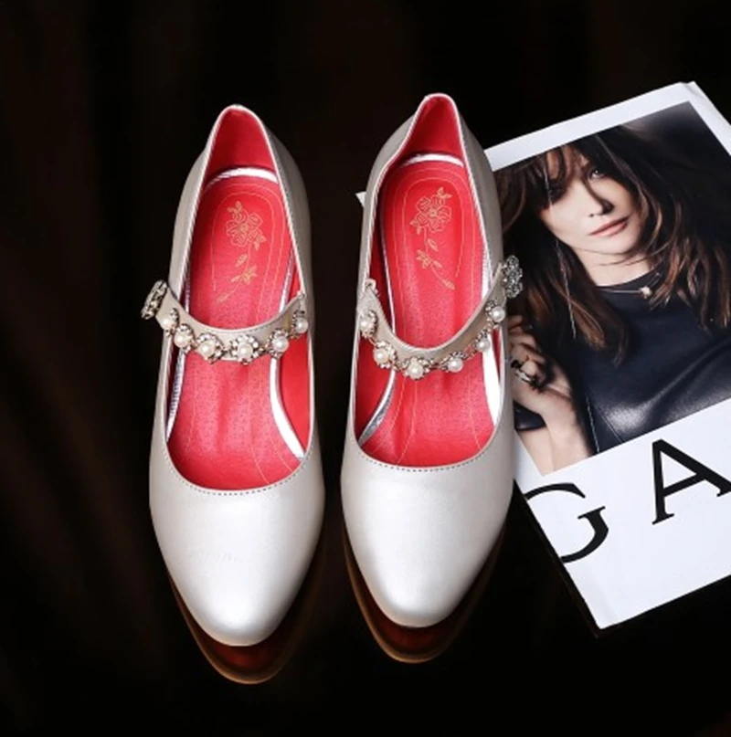 Meotina/женские туфли на высоком каблуке туфли Мэри-Джейн Для женщин Стразы туфли-лодочки на квадратном каблуке красивые круглый носок свадебная обувь женская обувь красного цвета размера плюс 33-46; Zapatos Mujer