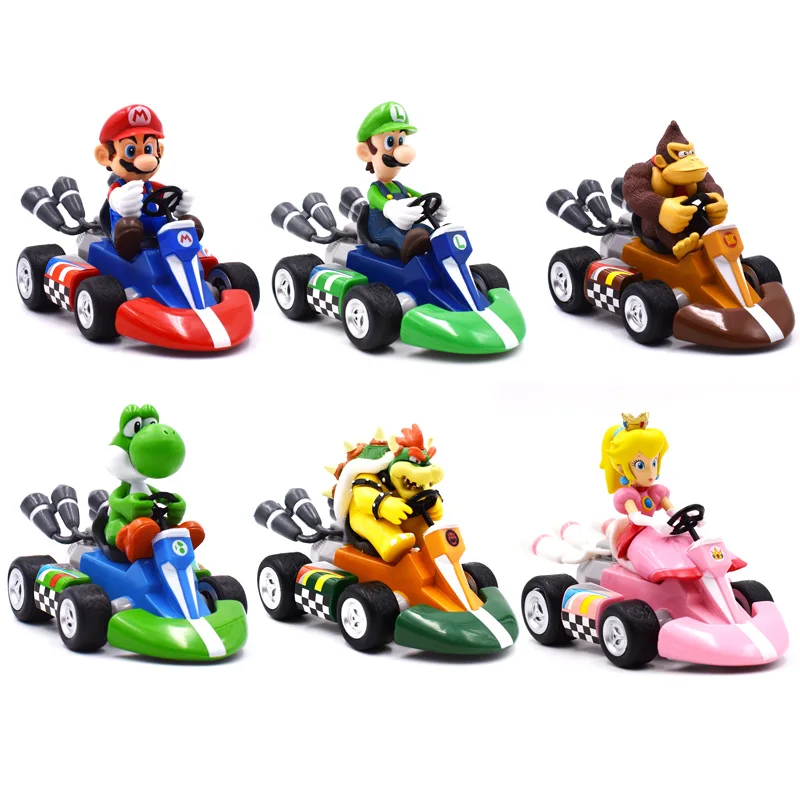 Super Mario Bros Kart Pull Back Car Figures 13cm Anime Mario Luigi Yoshi Dinosaurs Donkey Kong Bowser Princess Toad PVC Figma