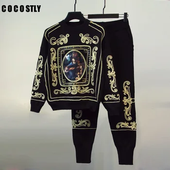 

High Quality 2019 Designer 2 Piece Set Women Tracksuits Set Embroidery Angel Knitting Pullover Sweater Pants Two Piece Set