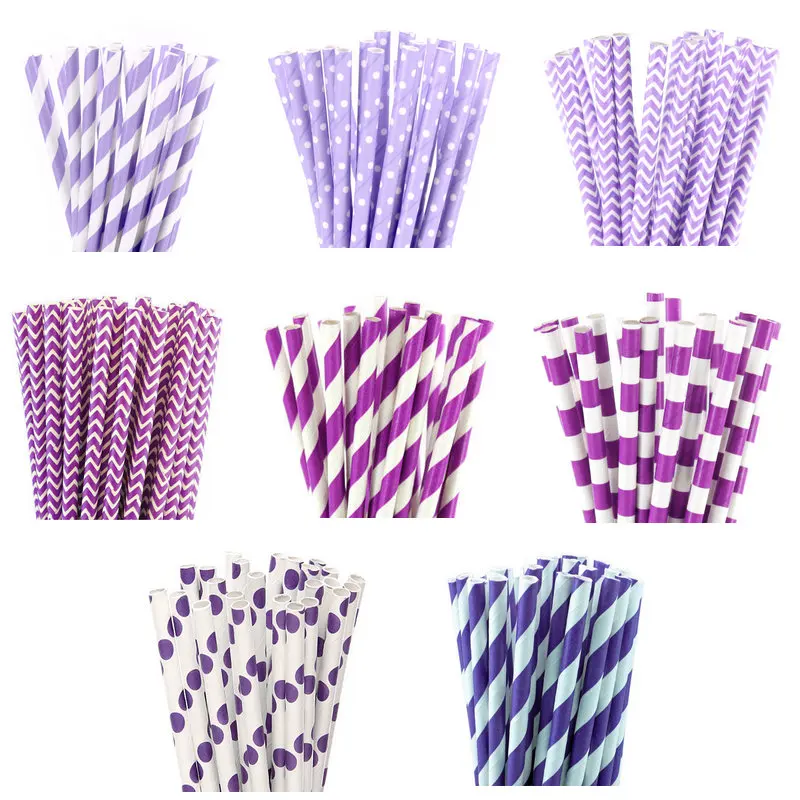 

25pcs Purple and Light Purple Stripe Dot Paper Straws for birthday wedding decorative party event Drinking Straws supplies