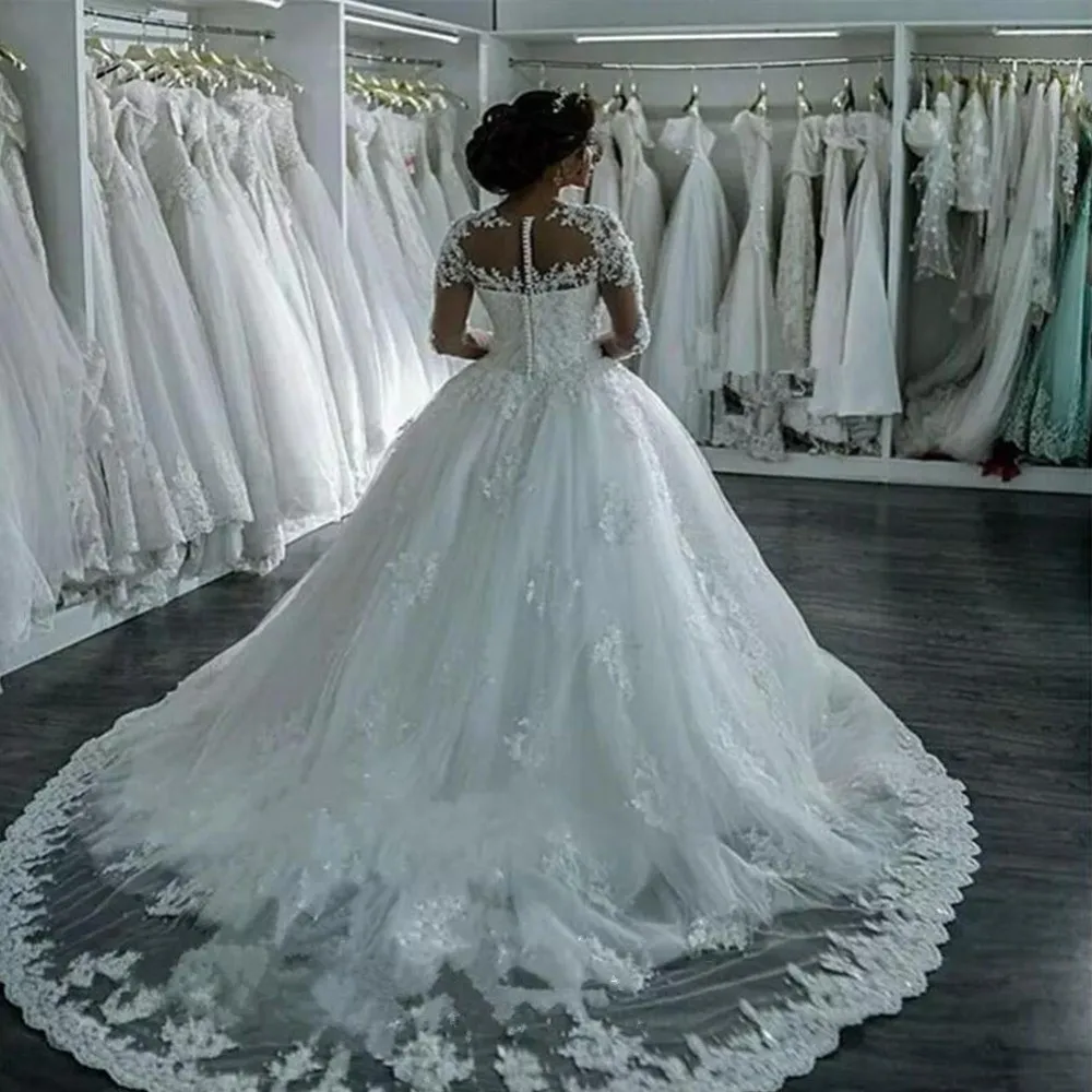 Vestidos De Noiva 2018 Elegant A Line Long Sleeve Wedding Dress Tulle Appliques Beaded Princess Lace Wedding Gowns (3)