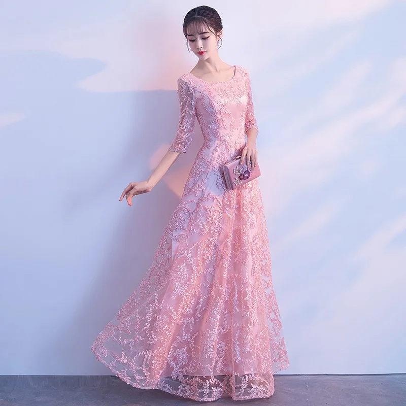 Высокое качество розовый кружево Cheongsam сексуальное Qipao женское длинное традиционное китайское платье вечернее платье платья для вечеринок стиль Chinois Femme