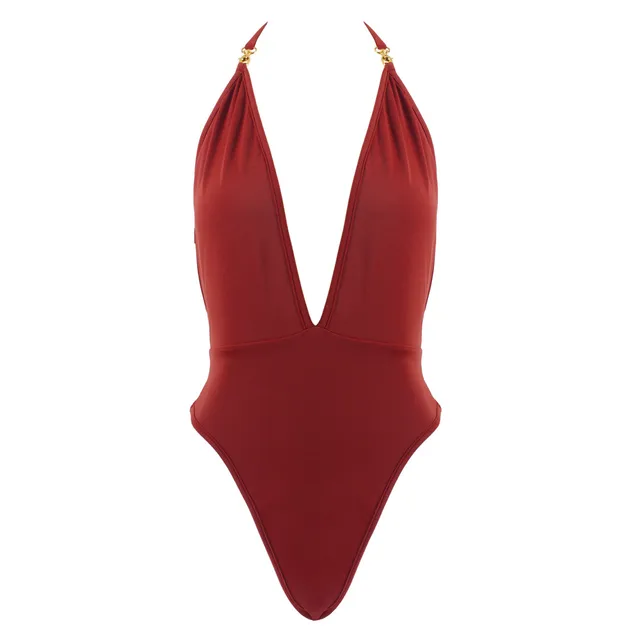 Sexy Solid Color Deep V Halter One Piece Swimsuit Swimwear Monokini