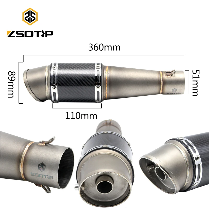 

ZSDTRP 51mm Motorcycle Exhaust Pipe Muffler Real Carbon Fiber Exhaust Pipe Akrapovic Sticker With DB Killer