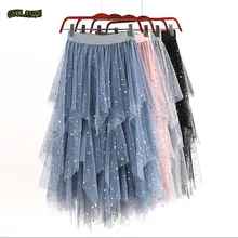 Повседневная асимметричная длинная тюлевая юбка с блестками, женская юбка с высокой талией, черная, розовая, серая, синяя, летняя юбка миди, женская уличная одежда