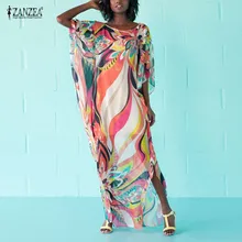 2018 Лето Boho длинное платье Для женщин Цветочный принт Пляж Vestido пикантные женские рукав “летучая мышь” с круглым вырезом шифон Асимметричный Подол платья макси